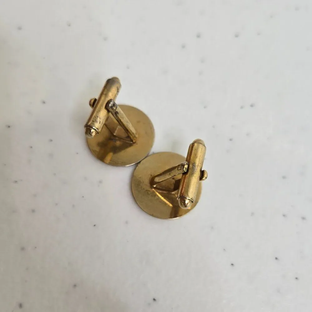 Cufflinks Gold Tone Vintage MCM Geometric Circle Stripe Art Deco Style